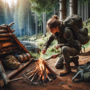 Survivalist Woman Building a Fire