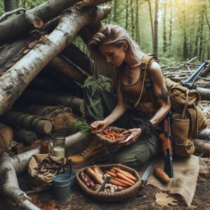 Survivalist Woman Foraging for Food