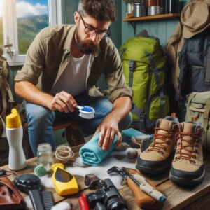 Man Cleaning His Wide Array of Outdoor Hiking Gear