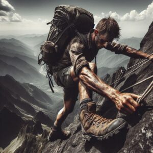 Man Climbing a Mountain with a Fraying Harness