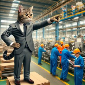 Cat in a Suit Directing Workers in a Factory