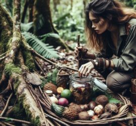 Woman Foraging for Food in The Wild for Survival.