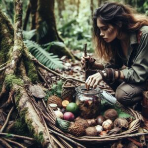 Woman Foraging for Food in The Wild for Survival.