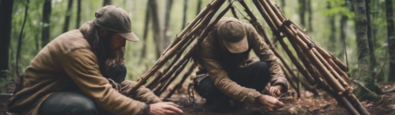 Survivalists Building a Primitive Shelter