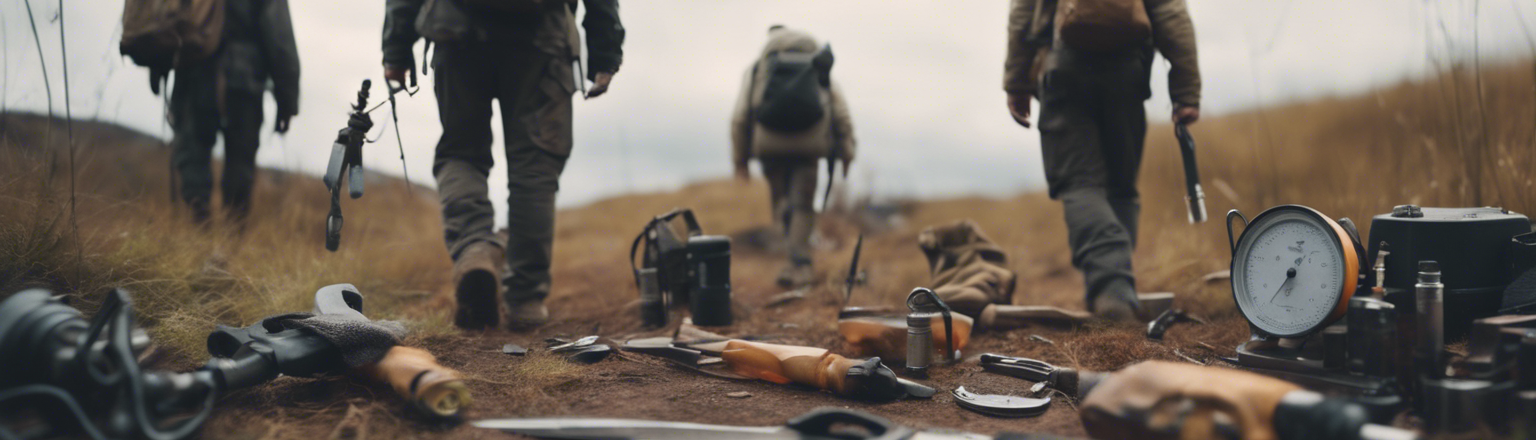 Survivalists Walking While Weighed Down with Knives, Flashlights and Assorted Tools and Gear