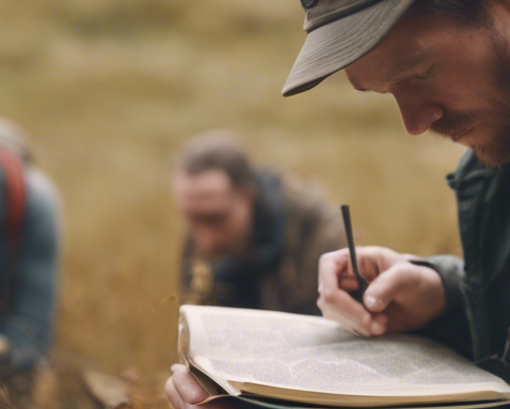 Survivalists in the Wild Studying Field Guides While Foraging for Food