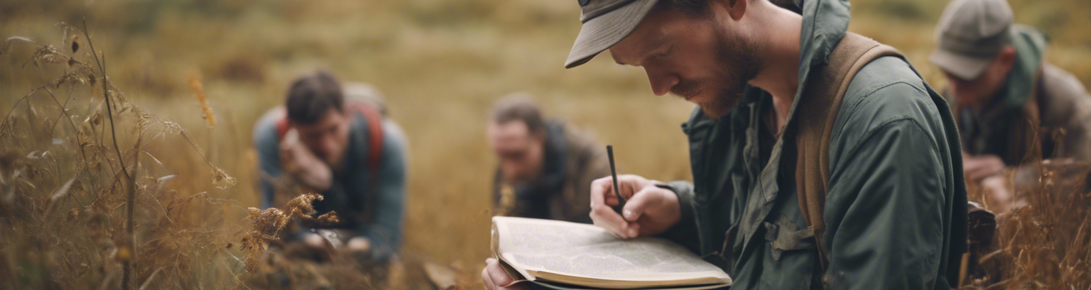 Survivalists in the Wild Studying Field Guides While Foraging for Food