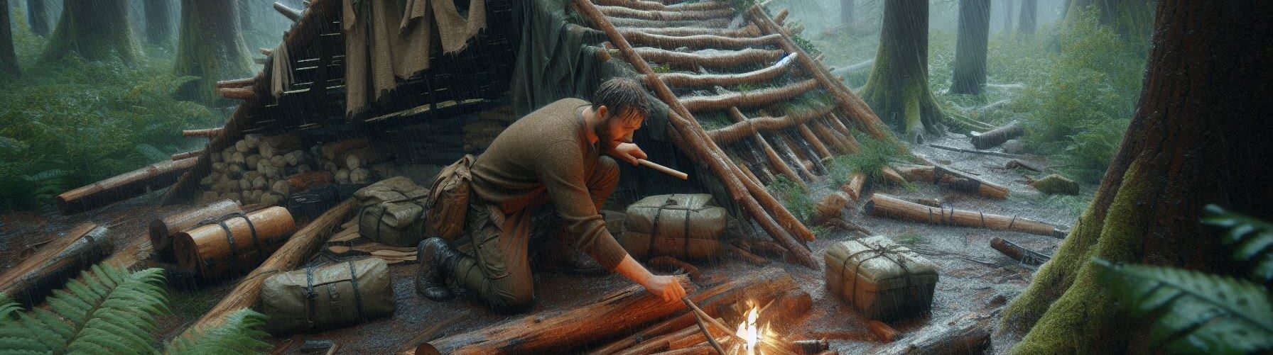 Man Building a Shelter in the Woods During a Storm