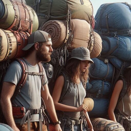 Group of Hikers with Exaggeratedly Overpacked Backpacks