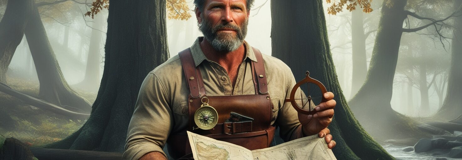 A Survivalist Man in the Woods with an Ultimate Set of Navigation Tools