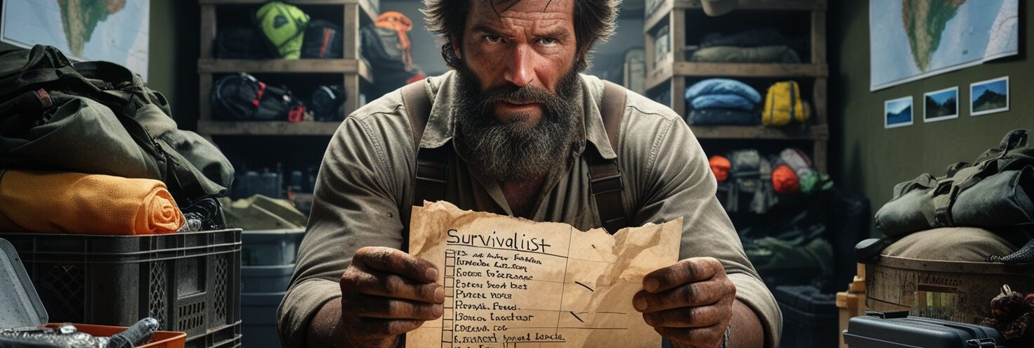 A Survivalist Looking at his Survival Checklist and All the Supplies He Has Gathered
