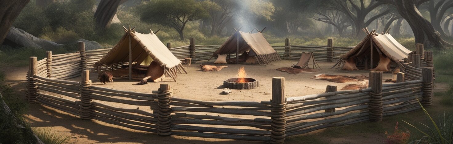 Primitive Survival Camp with Large Fence Made from Sticks and Logs