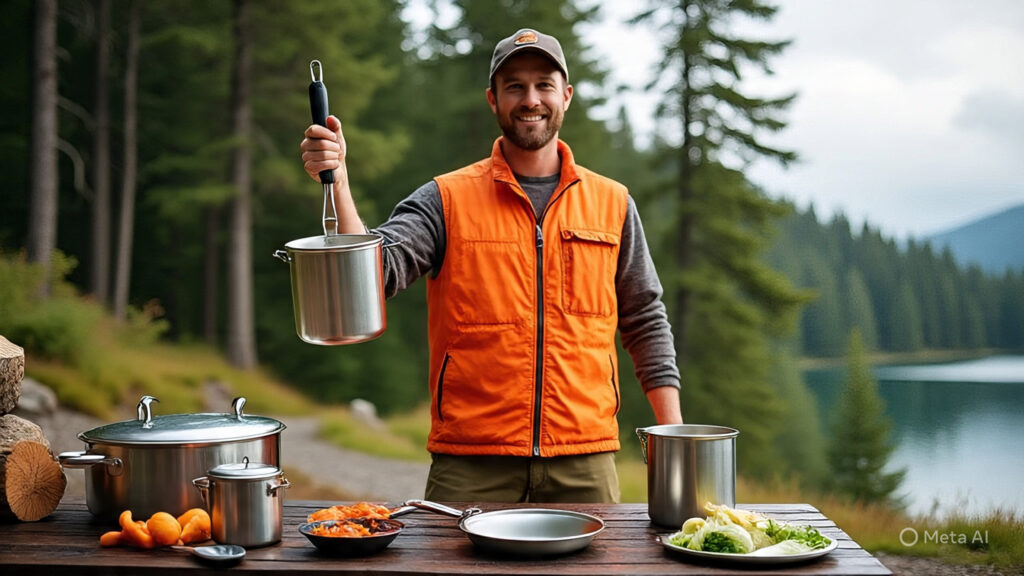 Man Showing Off his Cooking Utensils for Camping