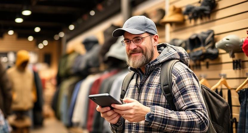 Man Shopping for Outdoor Gear at an Outlet Store