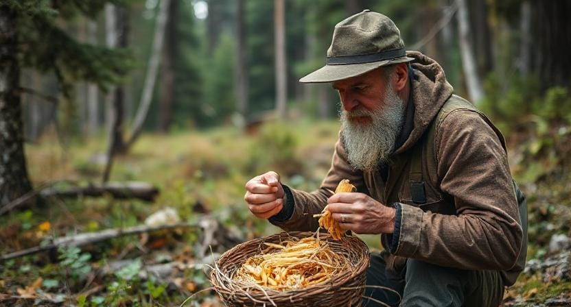 Survival Man Foraging for Food in the Wilderness