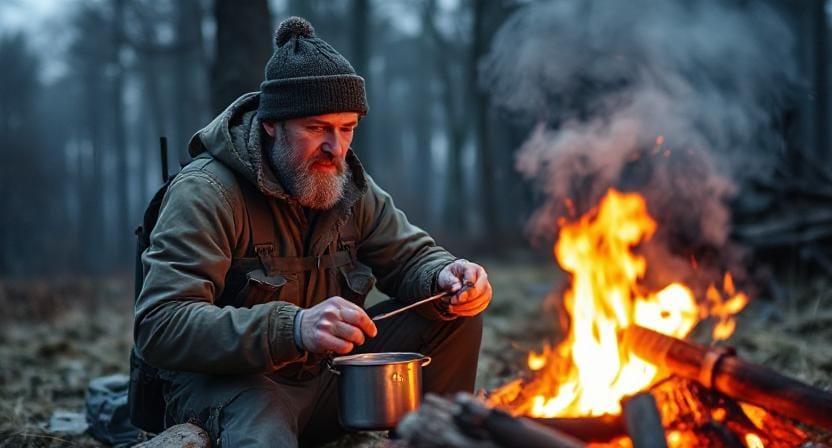 Survival Man with Cooking Gear
