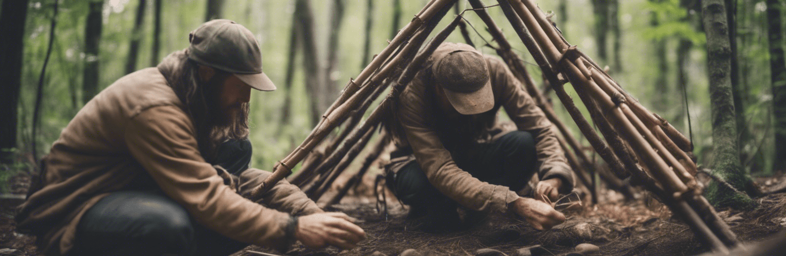 Survivalists Building a Primitive Shelter