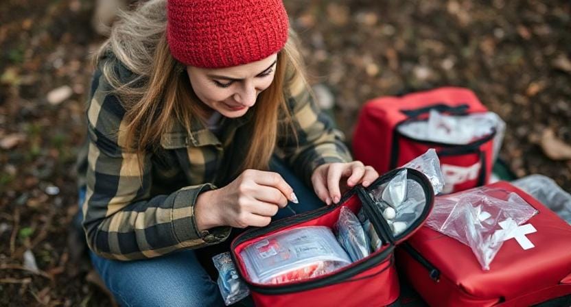 Prepper Woman Using a First Aid Kit