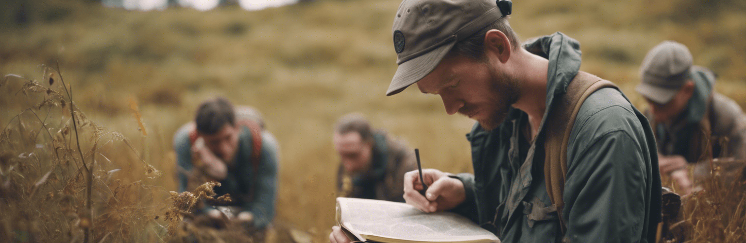 Survivalists in the Wild Studying Field Guides While Foraging for Food