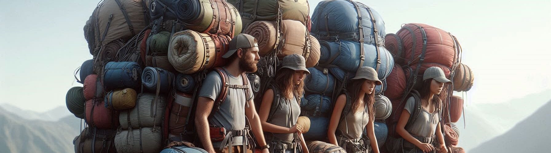 Group of Hikers with Exaggeratedly Overpacked Backpacks