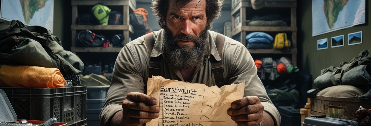 A Survivalist Looking at his Survival Checklist and All the Supplies He Has Gathered