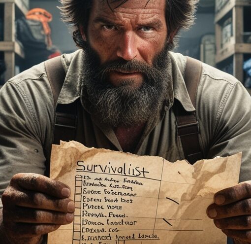 A Survivalist Looking at his Survival Checklist and All the Supplies He Has Gathered
