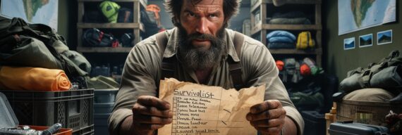A Survivalist Looking at his Survival Checklist and All the Supplies He Has Gathered
