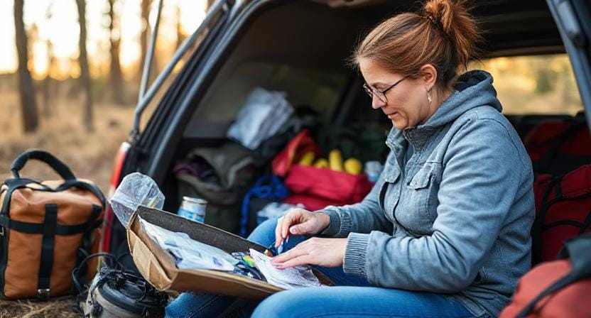 Survivalist Taking Inventory of Her Emergency Kit