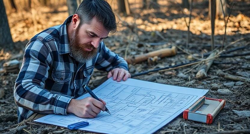 Survival Man Making an Emergency Blueprint