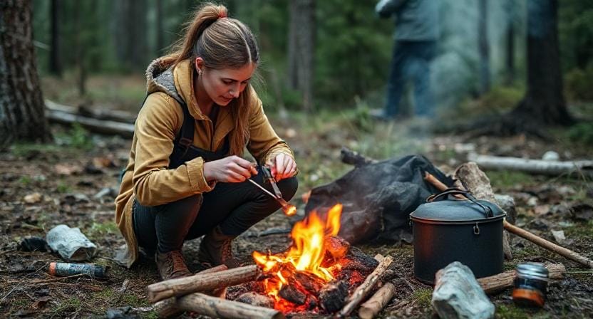 Survival Woman Using Cooking Gear