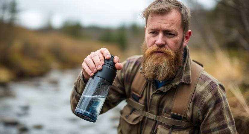 Survival Man with a Portable Water Filter