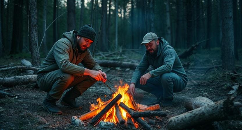 Survival Men Lighting a Fire