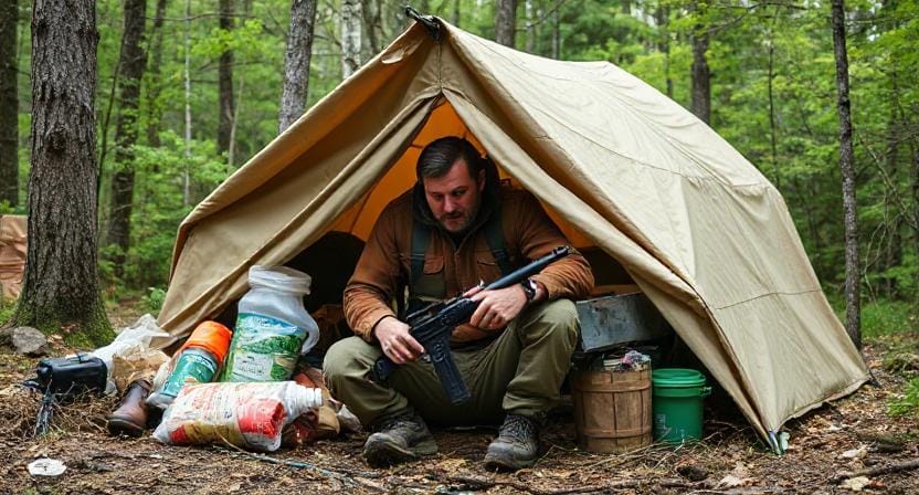 Survivalist Prepper with Shelter Supplies