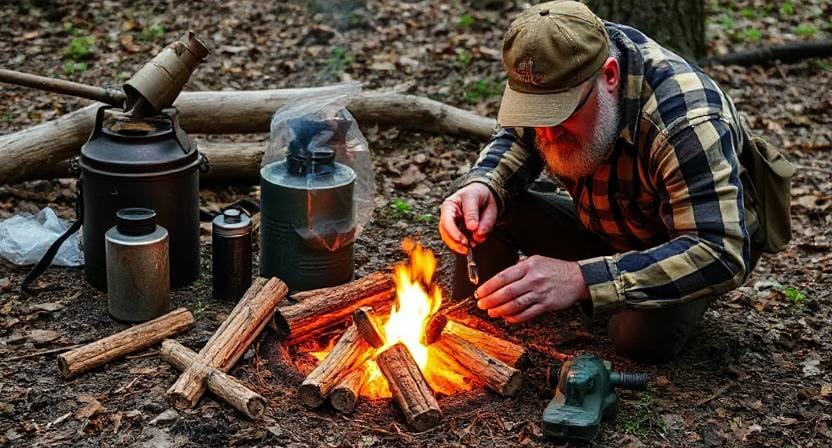 Survivalist Prepper with Fire Starting Gear