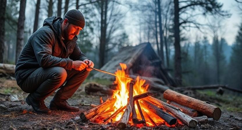 Survival Man Building a Fire