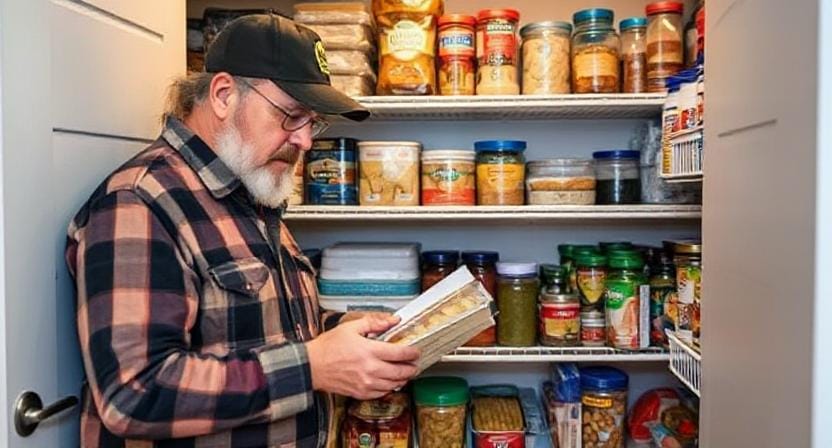 Prepper Storing Food Supplies in Pantry
