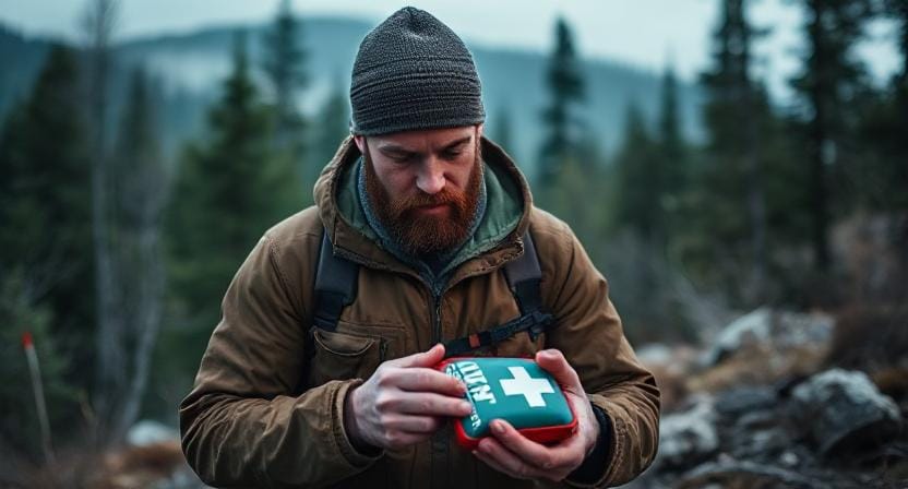 Wilderness Man with a Compact First Aid Kit