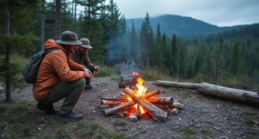 Survival Men Choosing a Location to Build a Fire