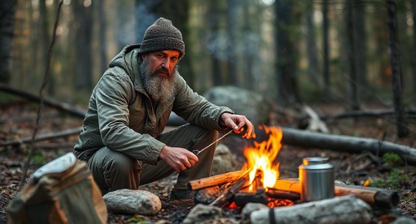 Wilderness Man with a Campfire Cooking Kit