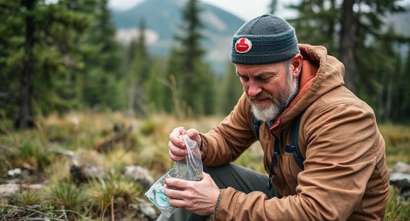 Man with Essential First Aid Supplies in the Wilderness