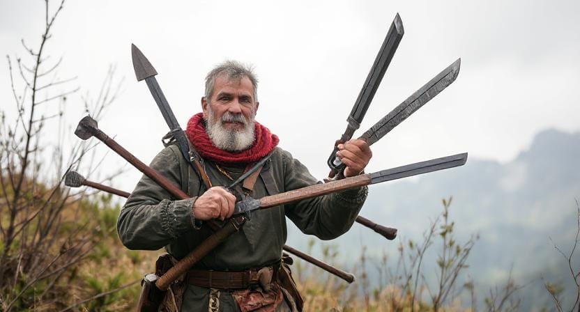 Man with Multiple Weapons in the Wilderness
