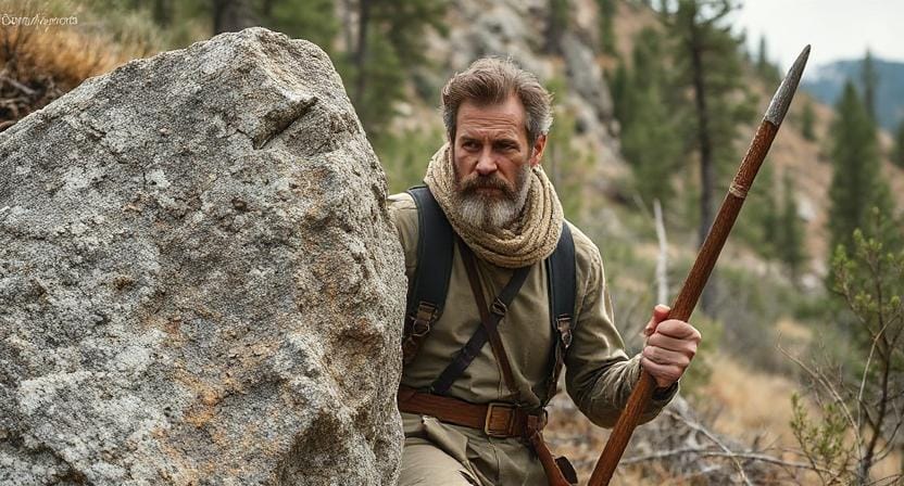 Man with a Sharp Rock and a Sharp Stick in the Wilderness