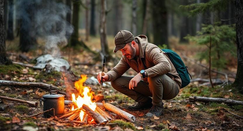 Man Using Cooking Gear in the Wilderness