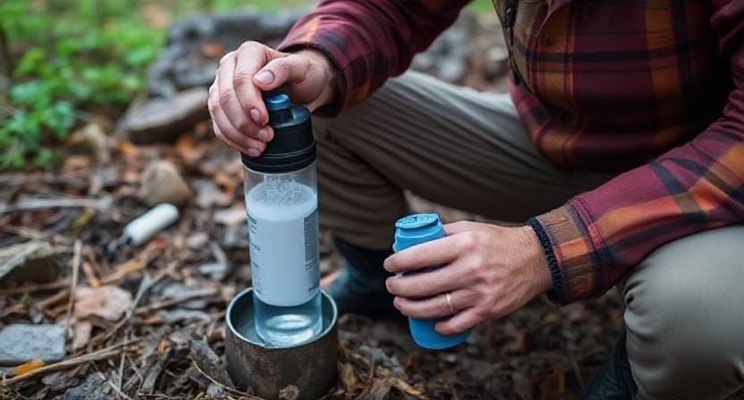 Survivalist Using Portable Water Filters
