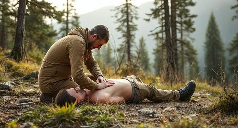 Man Performing CPR in the Wilderness