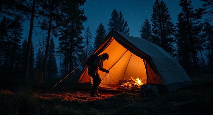Survivalist Entering His Tent