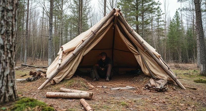 Survivalist Constructing a Shelter