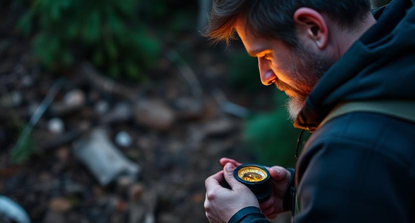 Survivalist Looking at his Compass