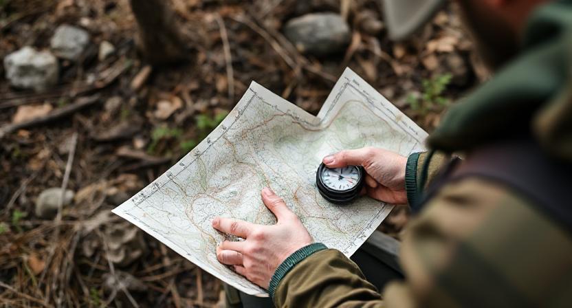 Survivalist Combining Map and Compass Skills