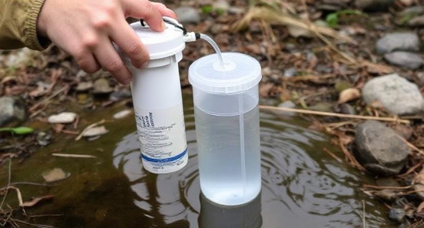 Survivalist Using a Water Filter